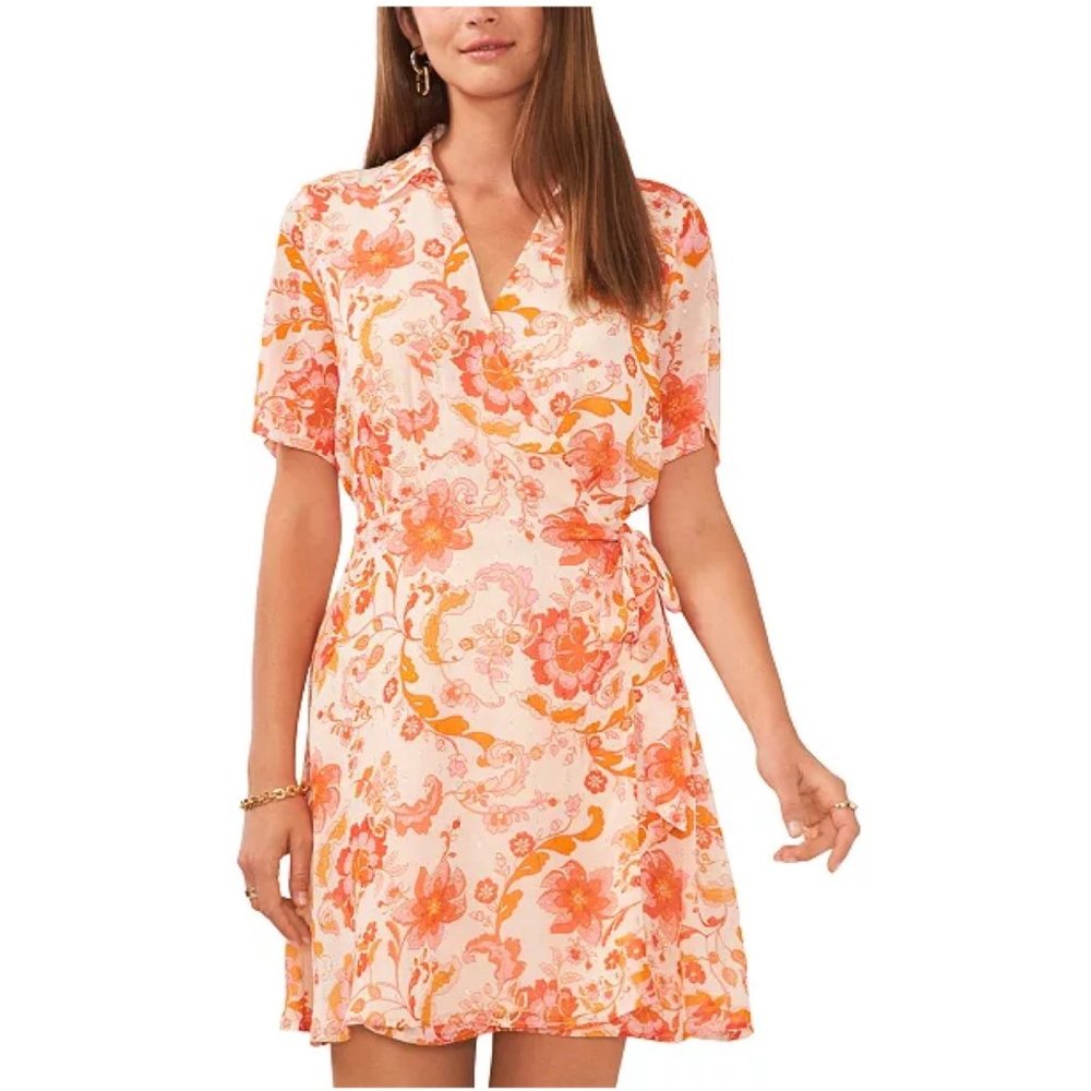 Vince Camuto Women's Orange Pink Floral Wrap Dress Size Large Collar V-Neck